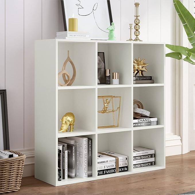 9-Cube Storage Shelf Bookcase, Warm White | Wooden 3-Tier Open Bookshelf, Fits 11×11" Bins, Vertical or Horizontal Use, Full Back Panels, For Home Office