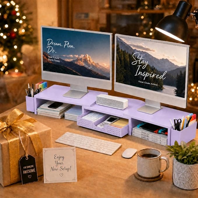 Desk Organizers and Accessories, Dual Monitor Stand Riser with Drawer and 2 Pen Holders, Desk Shelf Computer Racks for Office Workspace Organizers, Desktop Organization (Purple)