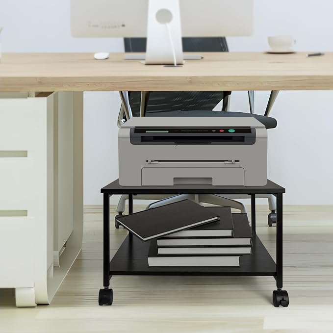 EMERIT 2-Tier Under Desk Printer Stand w/Storage - 19.5x19.5x12.8''Heavy Duty Rolling Cart, Mobile Printer Table with Lockable Wheels for Home Office Organization - Industrial Style