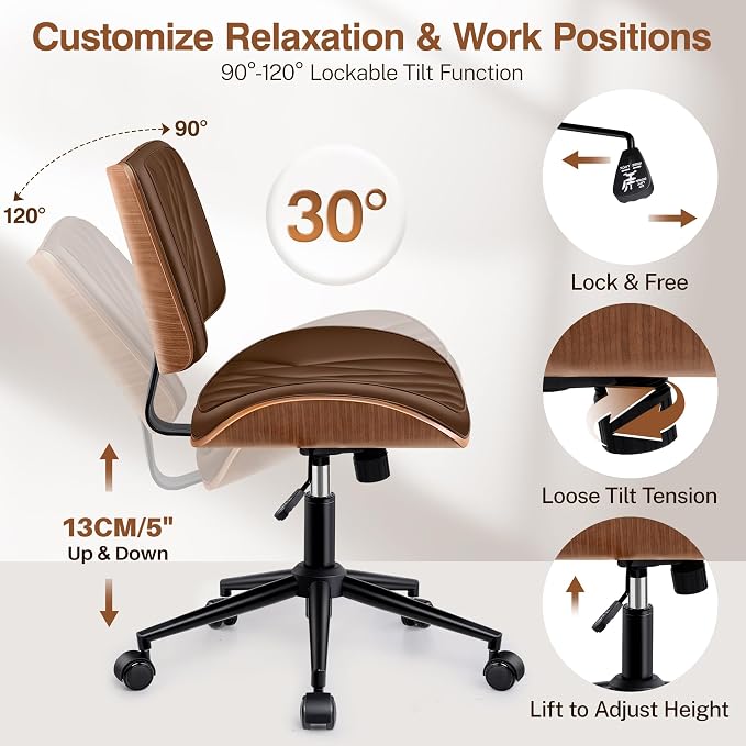 Ergonomic Armless Office Desk Chair - Mid-Century Modern Khaki Faux Leather with Diamond Stitch, Adjustable Height Swivel Rolling Task Computer Chair with Walnut Accent for Home Office, Study & Work