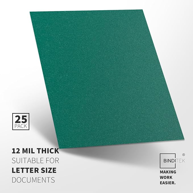 Binditek 12 Mil Sand-Textured Binding Covers, Letter Size, Green, 25 Pack | Plastic Binding Covers, 8.5" x 11", Subtle Matte Finish, Square Corners, Unpunched, Ideal for Business Reports and Proposals