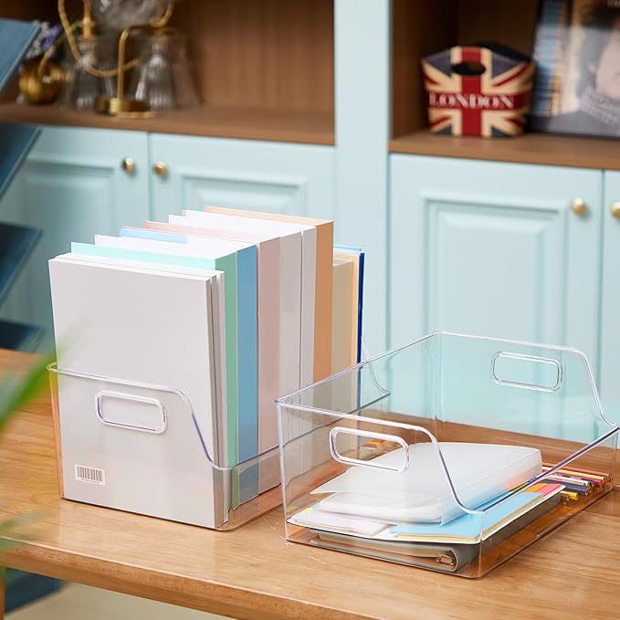 4 Pcs Clear Large Storage Book Display Case 13 x 8.5 x 5.9 Inch Book Organizer Stackable Bookcase Display Storage Containers with Handle Office Bookshelf Organizer Rack for CDs Magazine
