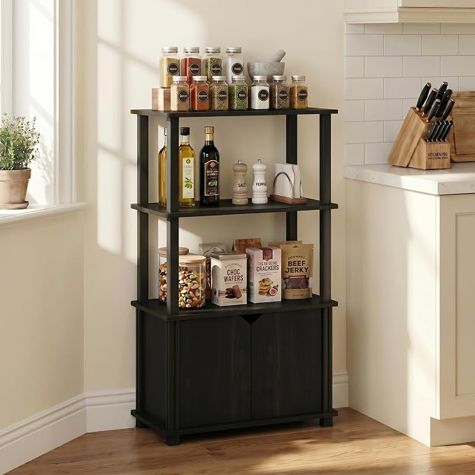 Furinno GO GREEN Storage Shelves, 4-Tier Book Shelf, Bookcase, Display Shelf with Open Shelf and Closed Storage, for Organization and Storage, Living Room, Garage, Home Office, Espresso