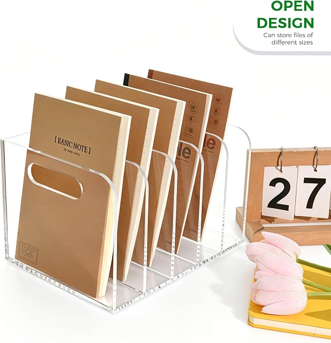 Lovemolly 5-Slot Clear Acrylic Magazine File Holder, Vertical Desk Organizer with Handle – No-Assembly Document Sorter for Office & Home, 7.48 x 10.04 x 6.3 in