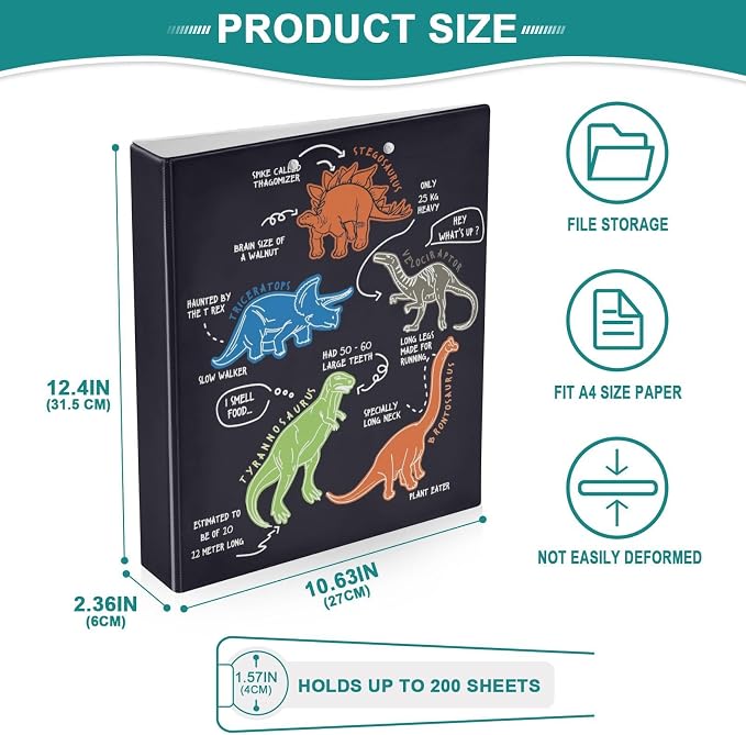Dinosaur Cartoon Black Decorative 3 Ring Binder 1.5 Inch Large View Binders with Pockets File Organizer for Office College School, 2 Pack