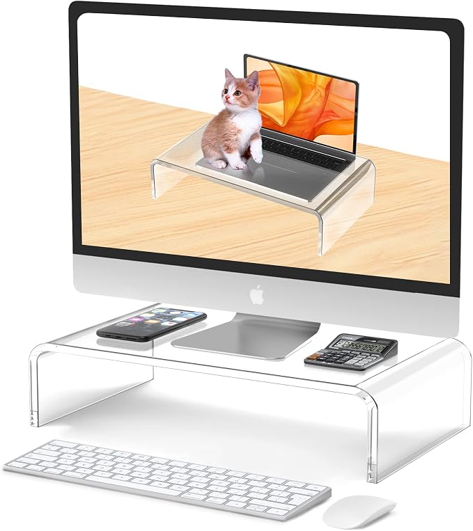 Acrylic Monitor Stand Riser Clear Laptop Stand Riser L14 xW7.5 xH4 | Compatible with All Notebooks and Monitor, Computer Stand for Desk Organizer, White Aesthetic Design, For Office Home iMac