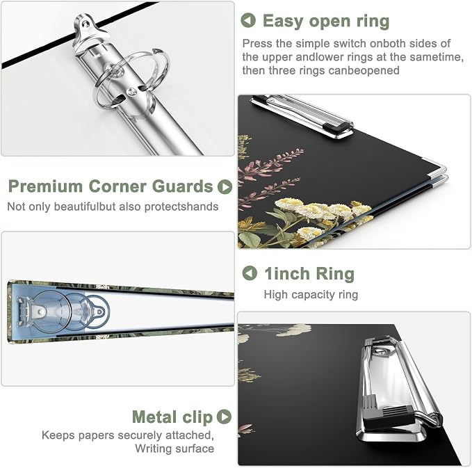 Rouidr 3 Ring Binder with clipboard, 1 inch 8.5 x 11 in Letter Size View Binders Organizer with Dividers Tabs & Clear Sleeves, School Supplies, Office Supplies