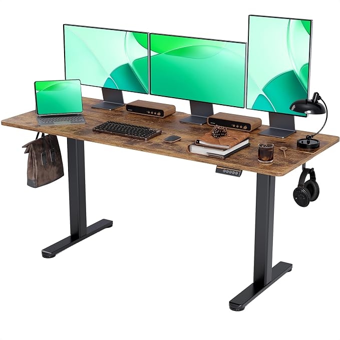 Claiks Electric Height Adjustable Standing Desk, 63x24 Inch, Rustic Brown | Smooth Height Adjustment, 3 Memory Presets, Cable Management Hub&Hook, Stable Steel Frame, 176lbs Capacity, Easy Assembly