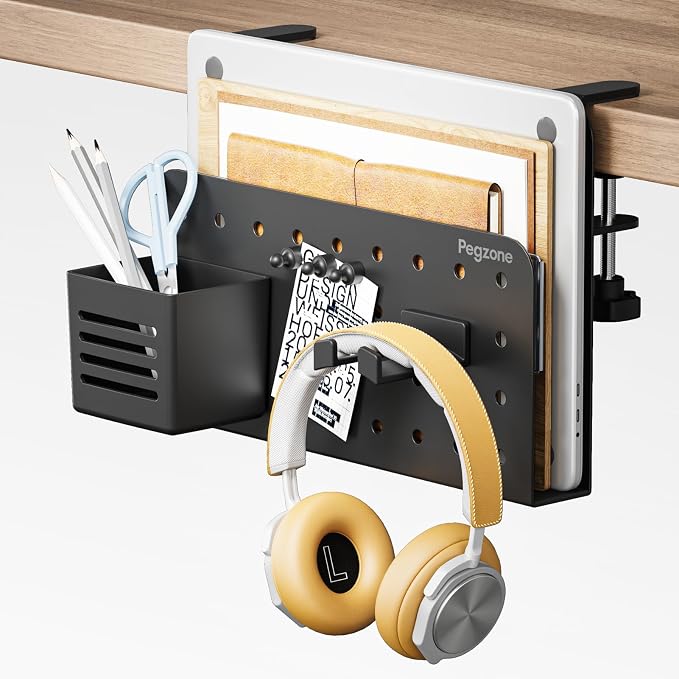 Desk Side Storage Organizer, Fits Flat Edge 0.4" to 2.2", Black | No Drill Under Desk Laptop Holder, Clamp on Desks Shelf with Pegboard Accessories, Hanging Laptop Mount