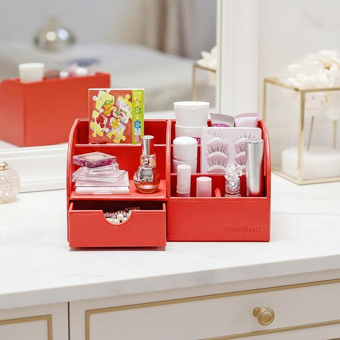 UnionBasic Desk Organizer - Multifunctional Leather Desktop Pen Holder Storage Box - Business Card/Pen/Pencil/Mobile Phone/Stationery Holder, Red