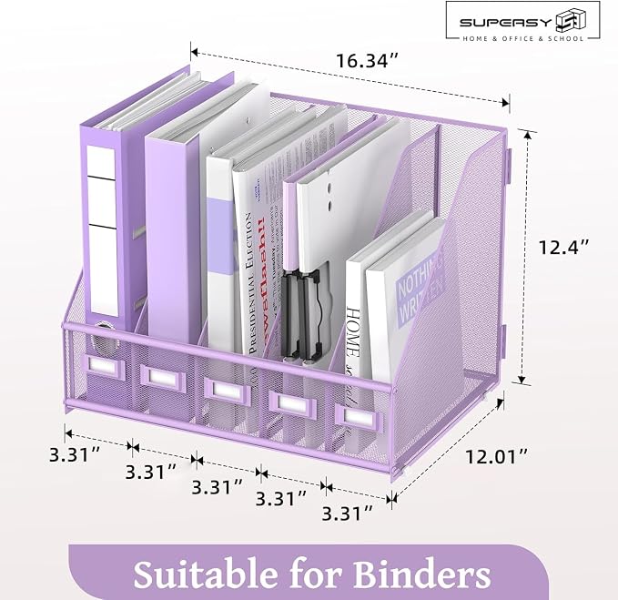 Desk Organizers Metal Desk Magazine File Holder with 5 Vertical Compartments Rack File Organizer for Office Desktop, Classroom, Home Workspace, Purple Plus