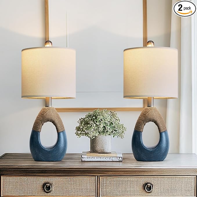 19" Boho Bedside Lamps Set of 2, Suitable for Small Spaces, Blue Table Lamps for Living Room & Coastal Farmhouse End Tables