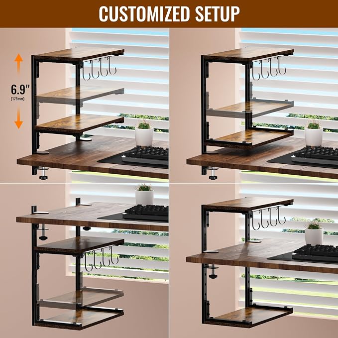 Clamp-On Desk Organizer Shelf, 13 inch Adjustable Height and Versatile Hook, Above or Below Desk 2-Tier Shelving, Shelving for Table Accessories, Gaming Devices, and More