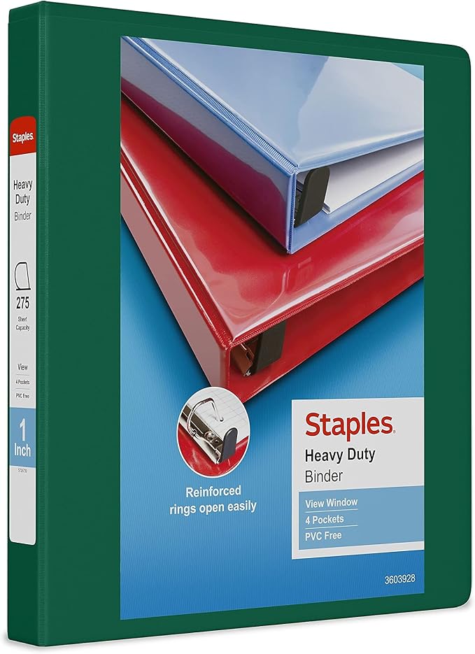 Staples Heavy Duty 1‑Inch 3‑Ring View Binder, Dark Green, Durable D‑Rings, Four Interior Pockets, Clear Overlay, 3‑Pack