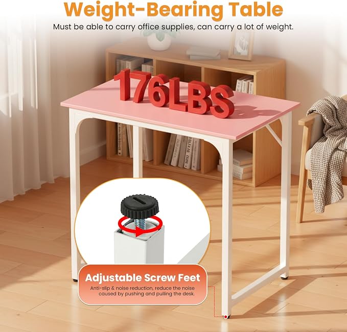 PayLessHere | 32 Inch Computer Desk | Pink | Office Desk with Metal Frame, Adjustable Feet | Water-Resistant, Scratchproof Surface | Sturdy Writing Table for Home Office or Study | Pack of 1