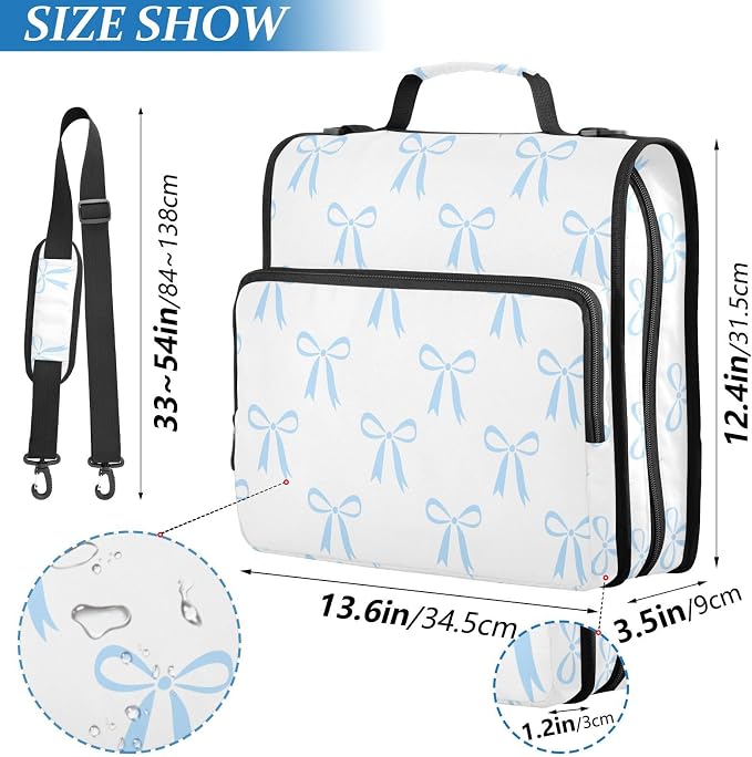 Ribbon Bow White Print Zipper Binder Bag 3 Ring with Shoulder Strap & Handle Multi Pocket Binder Organizer Bag Large Capacity for School Office Supplies
