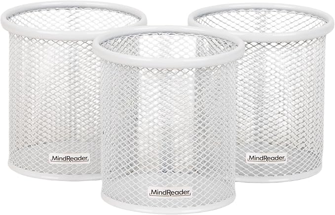 Mind Reader Pen and Accessories Holder, Desktop Organizer, Office, Metal Mesh, 3.5"L x 3.5"W x 3.75"H, Set of 3, White