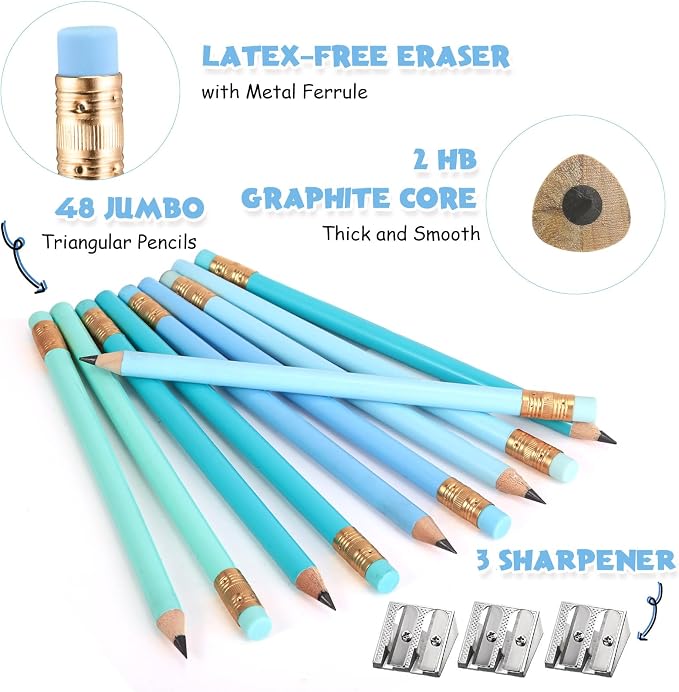 Fainne 48 Pcs Large Pencils 3 Sharpeners,Turquoise Blue Series,Triangle