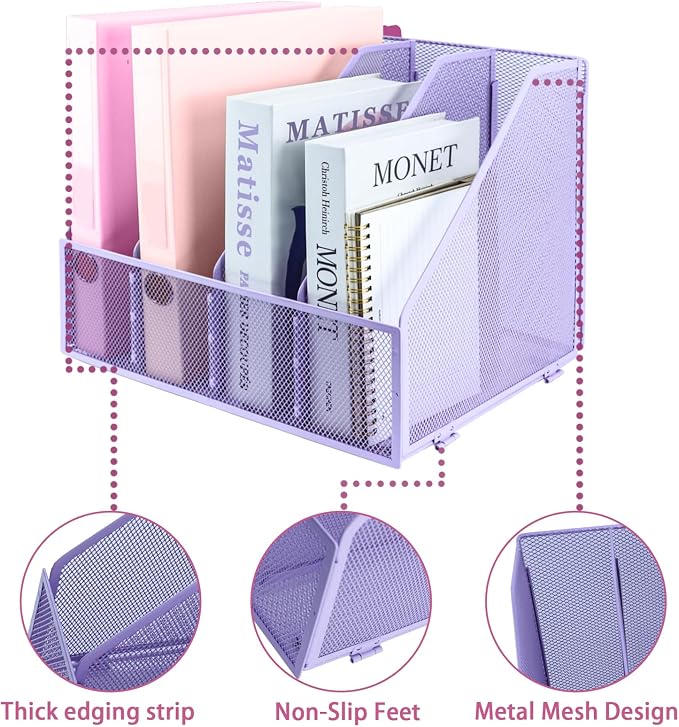 Desk Organizers, Metal Magazine File Holder with 4 Vertical Compartments Rack Binder File Organizer for Office Supplies, Home Workspace - Purple