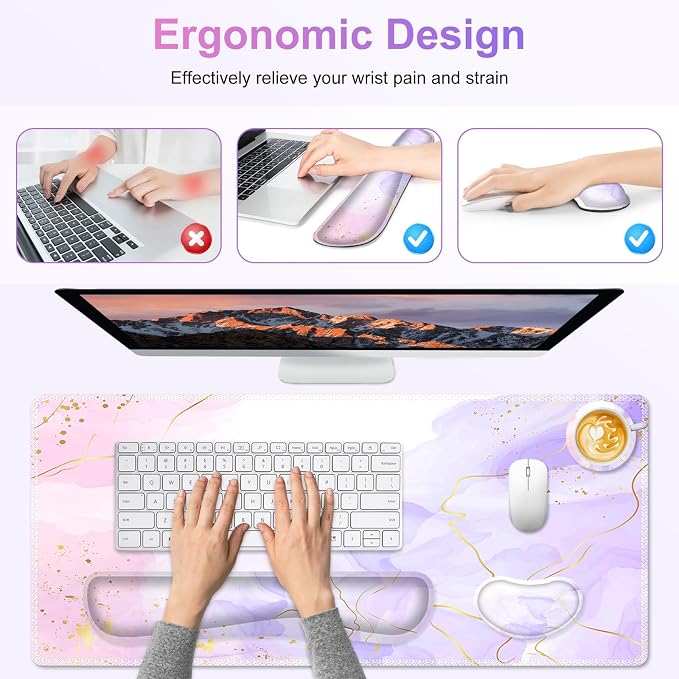 Large Gaming Mouse Pad Set, 4 in 1 Extended Keyboard Desk Mat with Wrist Rest, PC Computer Game Mousepad Set, Non-Slip Desk Pad Easy Typing Pain Relief for Home Office I Pink Purple Marble