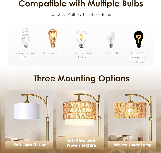 Rustic Woven Rattan Floor Lamp – Golden Finish, Arc Design, 12W LED (1 in use + 1 Spare), Remote & Dimmable 3-Color Temperature, Tall Standing Lamp for Living Room, Bedroom & Reading Corner