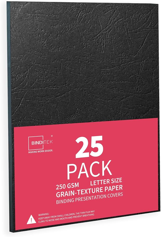 Binditek 13 Mil Grain-Texture Paper Binding Covers, 8.5x11", Black, 25 Pack | Paper Binding Covers, 8.5" x 11" Letter Size, 250 GSM, 90 lb, Square Corners, Unpunched, for Business, School Projects