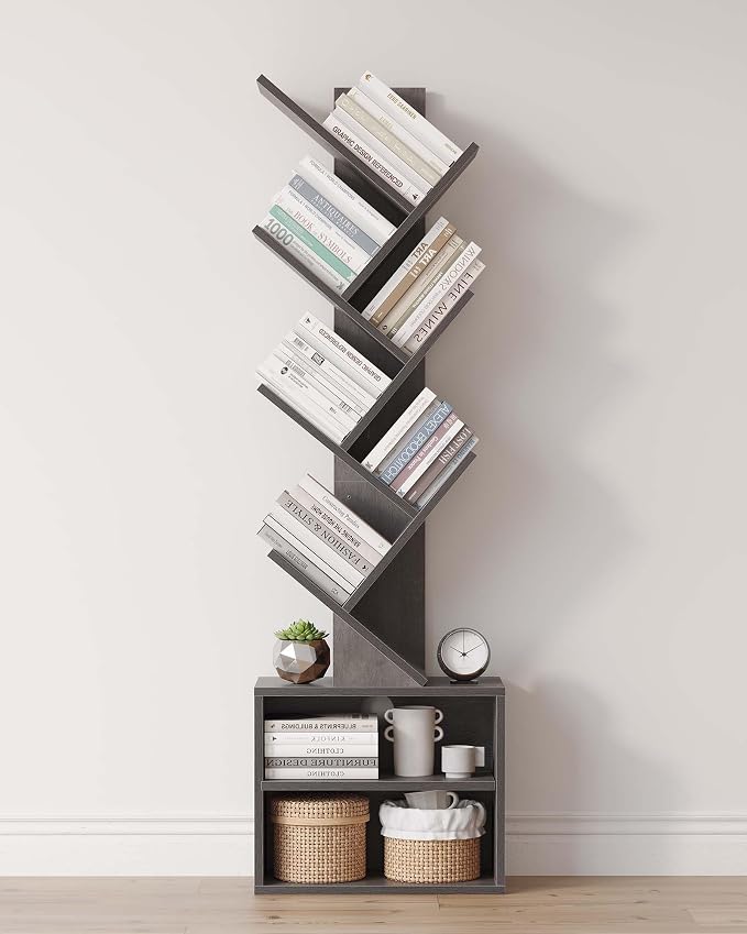SUNMORY 6 Tier Tree Bookshelf, Tall Small Bookcase with Storage Cabinet | Modern Narrow Bookshelves Organizer, Floor Standing Book Case Shelf for Bedroom Living Room Home Office Corner, Grey