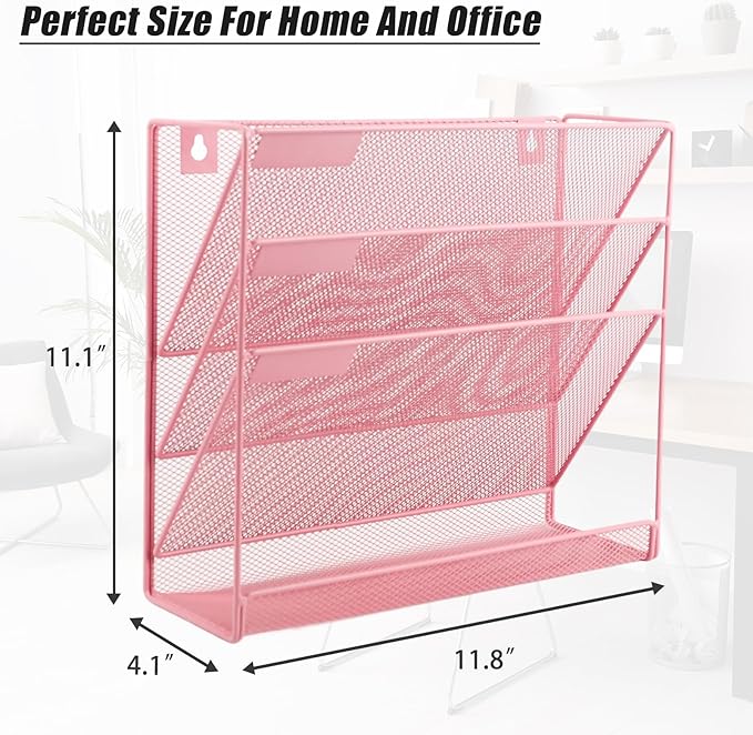 EASEPRES Desk File Organizer Mesh 4-Tier, Hanging Wall Mount Document Organization Stand, Desktop Vertical Mail Paper Folder Holder Rack with Bottom Tray for Office Home Cubicle Countertop, Pink