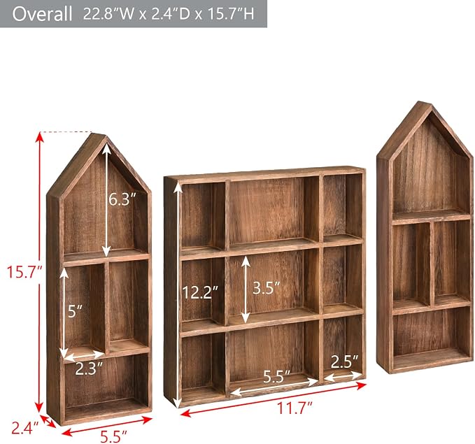 Ikee Design 3-Pc Wooden Shadow Box Shelf for Collectibles | 17 compartments Wooden Shadow Cubby Box Display Shelf Organizer Storage Shadow Box for Collectibles, Figures, Black
