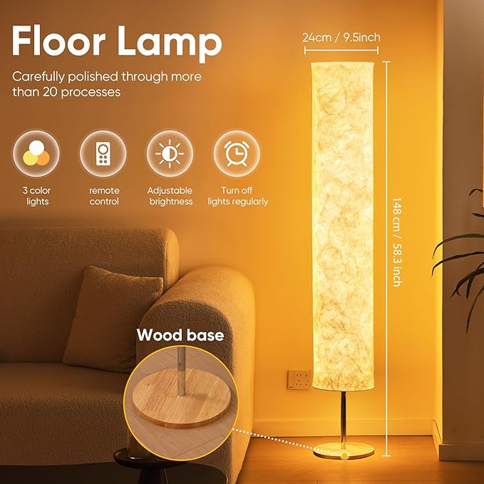 LONRISWAY 58" Modern Floor Lamp with Tyvek Fabric Shade 3000K Warm White LED Slim Standing Light,Column Cylinder Paper Lantern Floor lamp for Living Room, Bedroom, Game Room