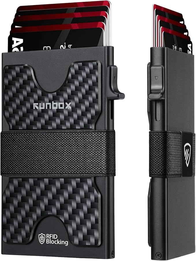 RUNBOX Slim Card Holder Wallet for Men, Minimalist RFID Blocking Wallet with Pop-Up Function, Ultra-Thin Design, Metal Business Card Cases holds 6+6 Cards, Gifts for Men, Men's Accessories