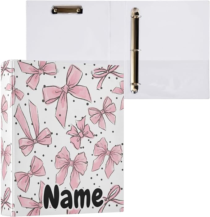 Custom 3 Ring Binder Pink Bows Dots 1.5" Round Ring Binders Personalized Name View Binder with 200 Sheet for Kids School Supplies Women Men Office, 1 Pack