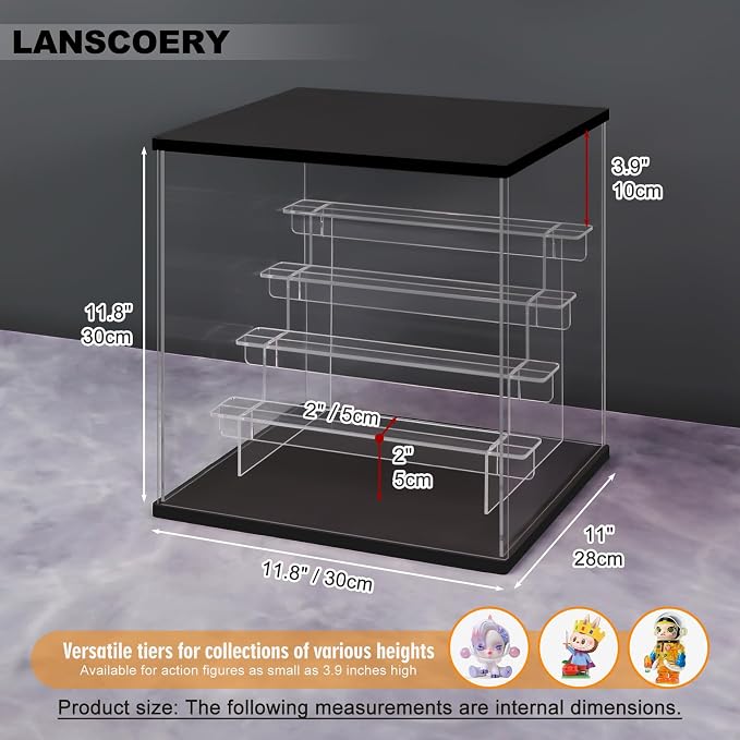 LANSCOERY Acrylic Display Case for Collectibles, 5-Tier LED Light, Black | 3mm clear acrylic panels with front door access and tri-color top light for small figures on a desk or shelf.