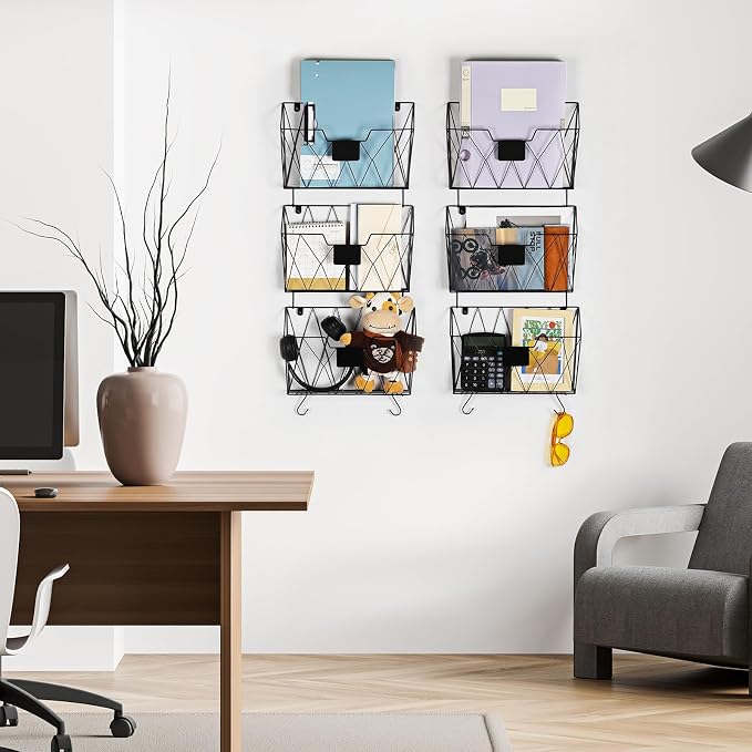6 Pack Wall File Organizer, Wall File Pocket Mail Organizer for Office/Home | Hanging Metal Vertical Wall Mounted File Holder, Mail Paper Document Folder, Label Slots & Hooks, Rust-proof & Space-Saving