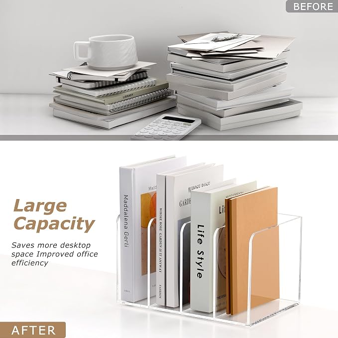 SANRUI Acrylic Desk Magazine File Holder, Clear,4 Vertical Compartments | Workspace Document Organizer Sorter for Documents, Tablet, Magazines, Books & Accessories