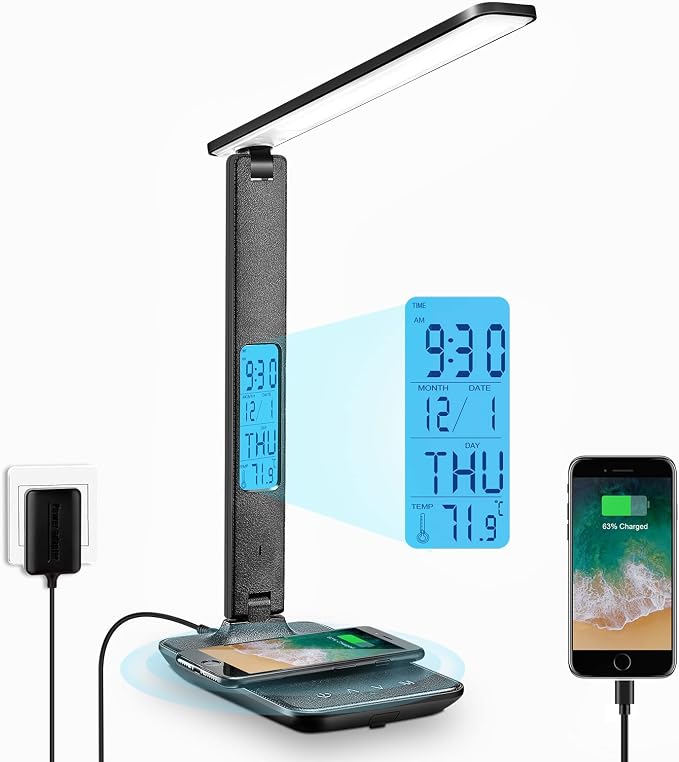 Desk Lamp with Wireless Charger: USB Charging Port, Table Lamp with Clock, Desk Lamps for Home Office College Dorm Room Essentials