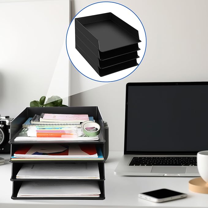 6 Pcs Stackable Paper Trays Rectangular Plastic Desk Holder Desktop Document File Organizer Storage Letter for Office Classroom (Black)