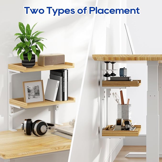 Clamp On Desk Shelf 2-Tier, 12.6 inch Wood Shelving Unit for Office Desk/Gaming Accessories, Tabletop Book Storage Rack, Shelf for Top & Under of Desk, Natural