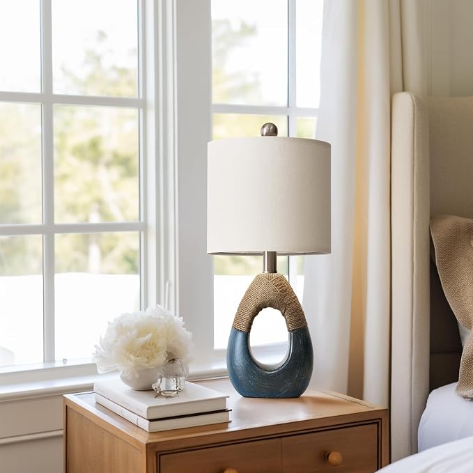 19" Boho Bedside Lamps Set of 2, Suitable for Small Spaces, Blue Table Lamps for Living Room & Coastal Farmhouse End Tables