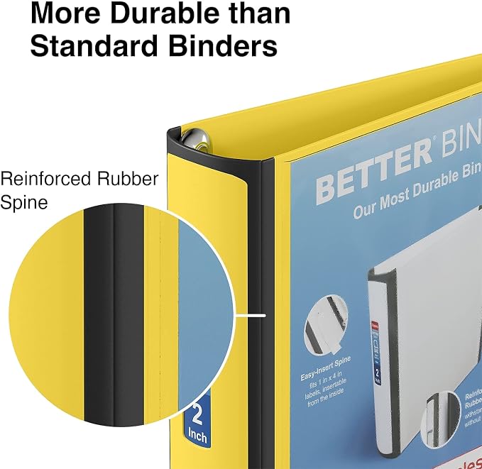 Staples Better Binder, 2 Inch 3-Ring, Yellow, Heavy-Duty | Reinforced binder built for school and office document organization.