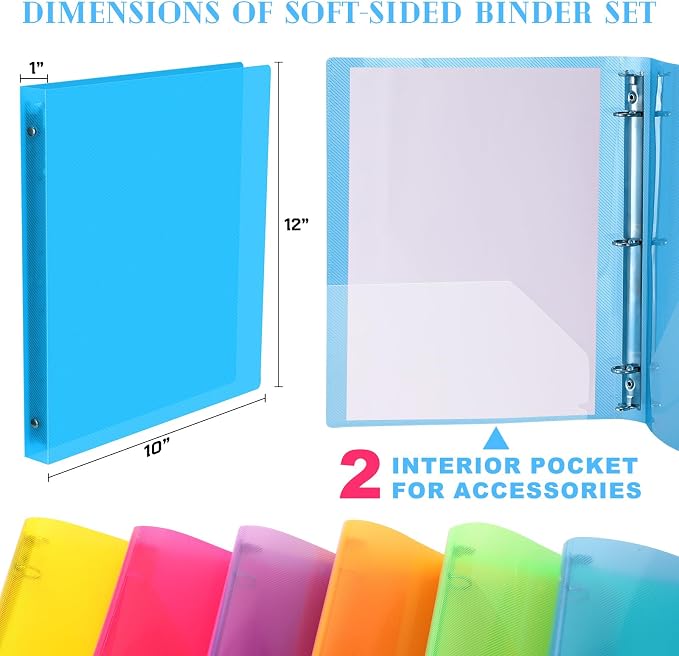 Fulmoon 12 Pcs 1 Inch 3 Ring Binders with 2 Interior Pockets Fits Letter Size Paper 8.5'' x 11'', Clear View 1-inch Three Ring Binders for School Office Business Supplies(Multicoloured)