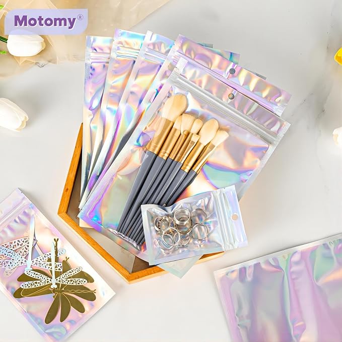 100Pcs Holographic Packaging Bags, 3.1x4.7 inch Resealable Foil Pouch Mylar Sample Bag Great for Small Business and Party Favor Food Storage……