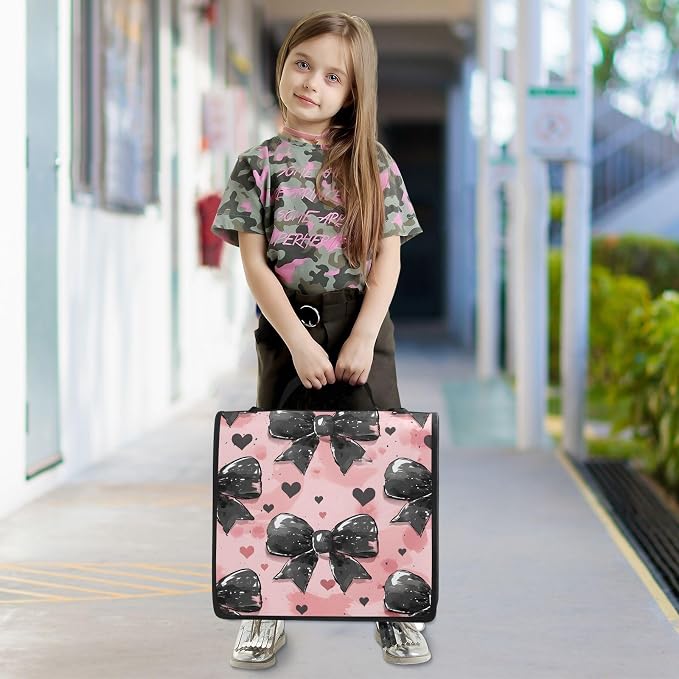 3 Ring Zipper Binder with Shoulder Strap Black Bow Heart Pink 2 Inch Zippered Binder Bag 500 Sheet Capacity Multi Pockets for School Supplies