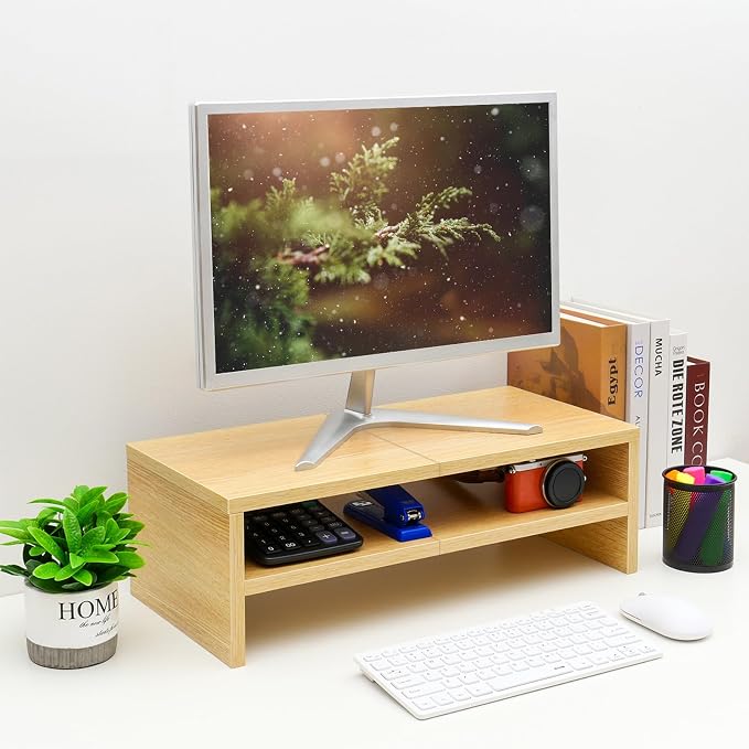 TEAMIX 20 inch Monitor Riser Stand - 2 Tiers, Wood Desktop Bookshelf, Maple | Laptop/PC/Printer/Keyboard Storage, Ergonomic Design, 15mm thick Sturdy Wood Boards, TV Stand, Home Office Desk Accessories