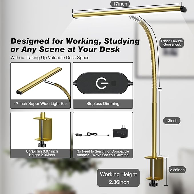 Airlonv LED Desk Lamp with Clamp, 17" Stepless Dimming Light, Gold | 2700K-6500K, 100 LEDs, 360° Gooseneck, Fits Up to 30" Monitors, Flicker-Free Lighting for Home Office, Study& Workbench