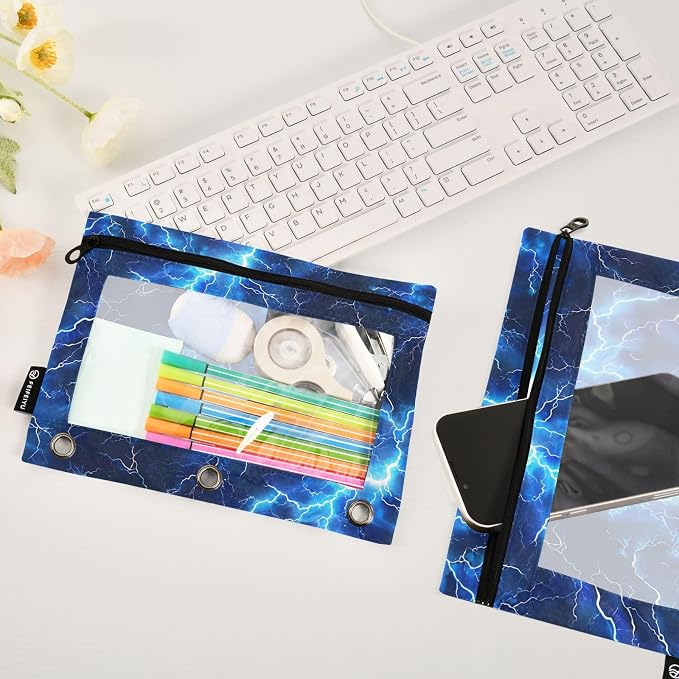 Blue Electric Lightning Pencil Pouch for 3 Ring Binder, 2 Pack Waterproof Pencil Bags Clear Window Pencil Case Zipper School Office Supplies