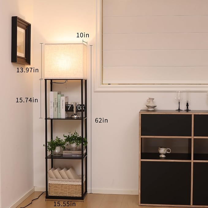 Gupuzm Floor Lamp with Shelves, Large Size Rectangle Standing Lamp with 3 Color Temperature Bulb, Corner Display Bookshelf Lamp for Living Room, Bedroom and Office (Black-9)