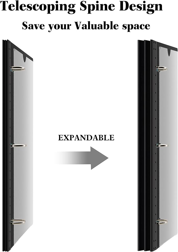 INFUN 1 Inch Telescoping 3 Ring Binder - 1PCS-Black, Flexible Binders with Customizable Front Cover and Clear Catalog Pocket, 1 Inch Rings, 225 Sheet Capacity