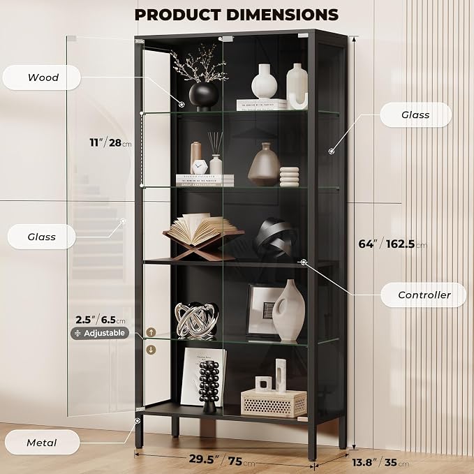 Glass Display Cabinet, 5-Tier Display Case with Adjustable Glass Shelves, Metal Curio Cabinet with 3 Color Lights for Collectibles, Bookcase with Human Body Sensor, Black