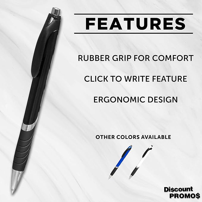 DISCOUNT PROMOS Ballpoint Pens With Rubber Grip - 10 pack - Black Ink Ball Point Pen with Soft Touch Plastic - Black